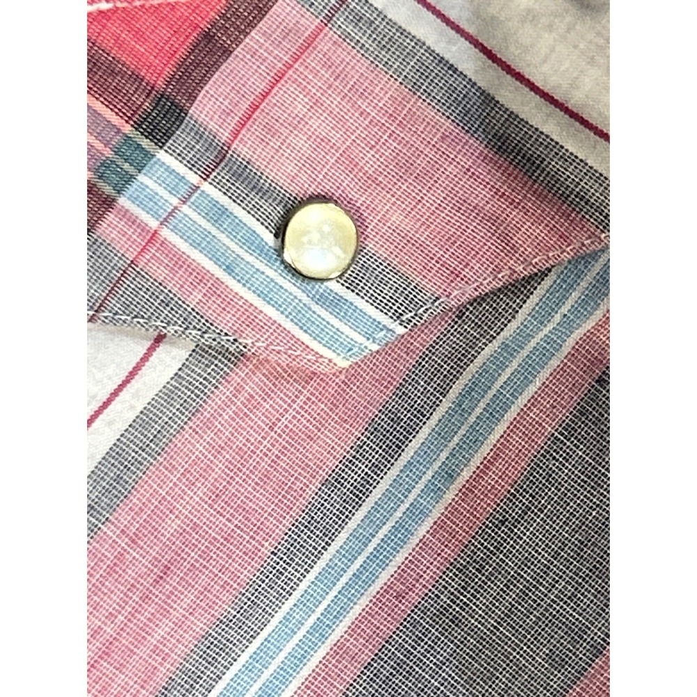 Wrangler Cowboy Cut Western Shirt Mens 17-35 Grey Pink Plaid Pearl Snap 71125AA - Picture 8 of 10